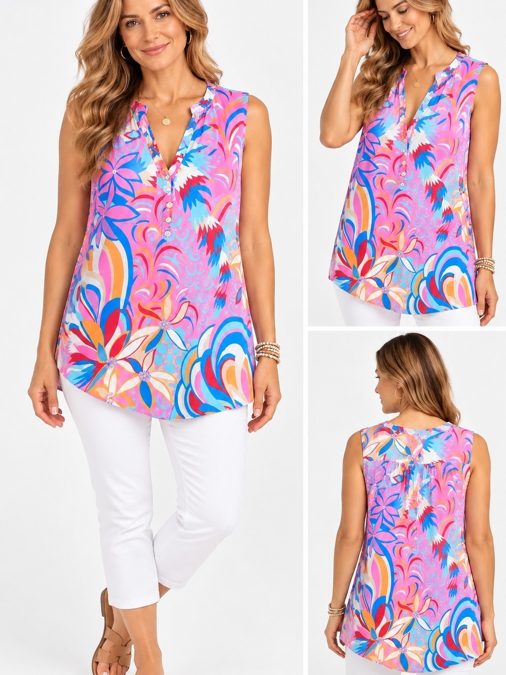 Sleeveless V-Neck Floral Print Top - Pink Multi XL New